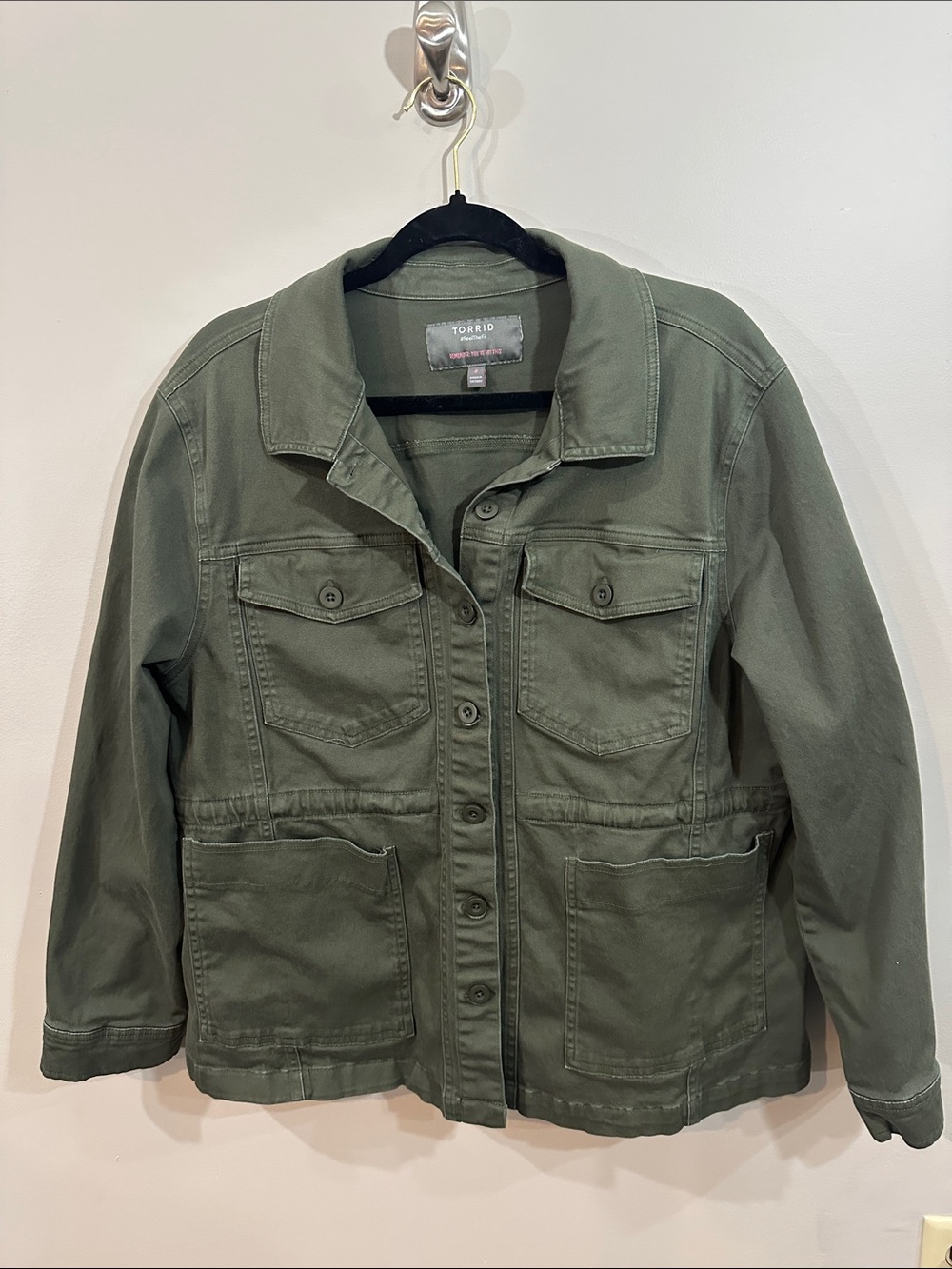 Torrid Olive Green Utility Jacket with Front Patch Pockets, Cinchable Waist, 0X
